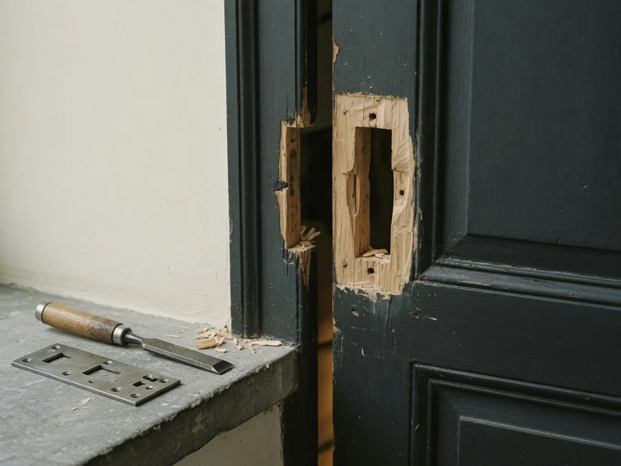 Serrurier Anderlecht 1070 · Mise en sécurité Bâti de porte abîmé autour de la gâche, ciseau à bois posé sur le seuil — serrurier à Anderlecht