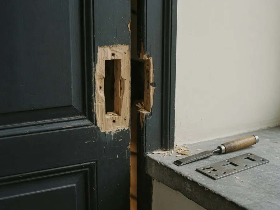Bâti de porte abîmé autour de la gâche, ciseau à bois posé sur le seuil — serrurier à Berchem-Sainte-Agathe