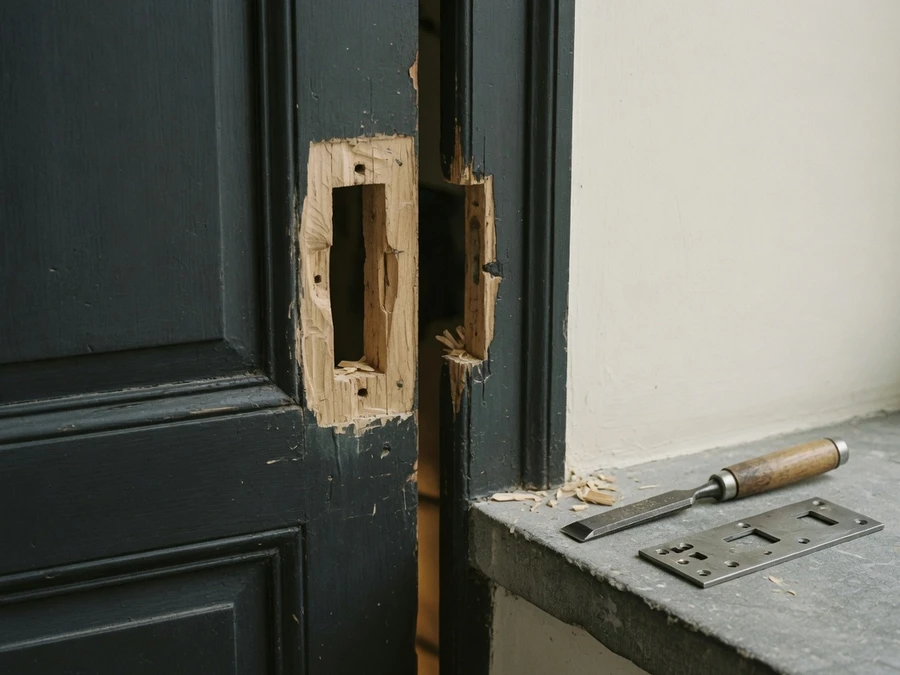Serrurier Bruxelles 1000 · Mise en sécurité Bâti de porte abîmé autour de la gâche, ciseau à bois posé sur le seuil — serrurier à Bruxelles