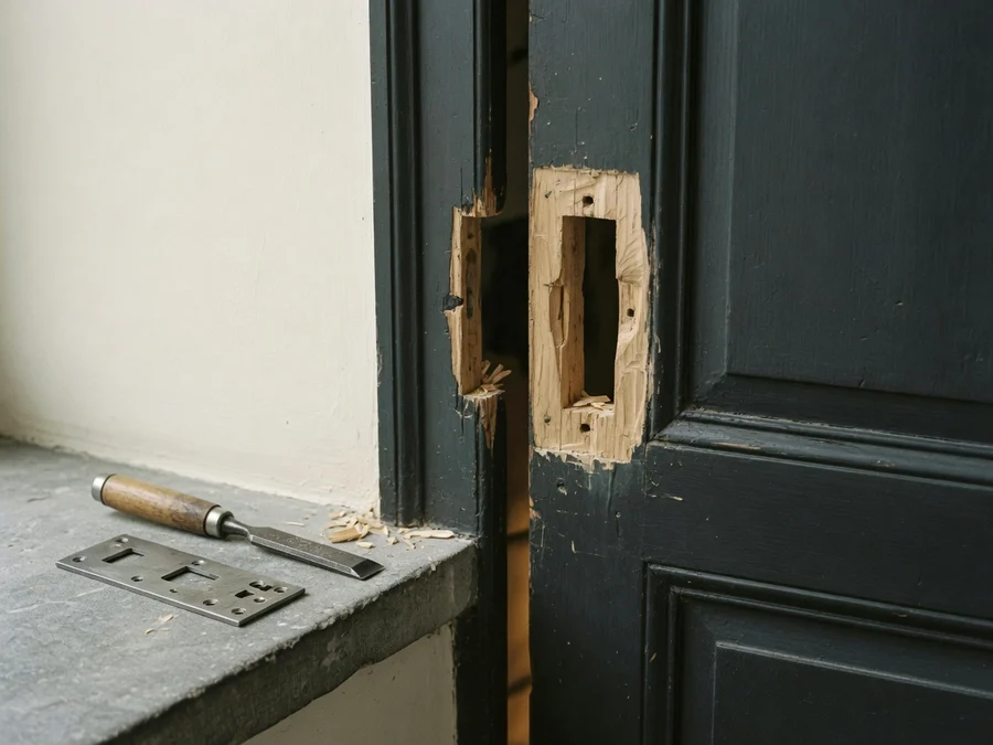 Serrurier Forest 1190 · Mise en sécurité Bâti de porte abîmé autour de la gâche, ciseau à bois posé sur le seuil — serrurier à Forest