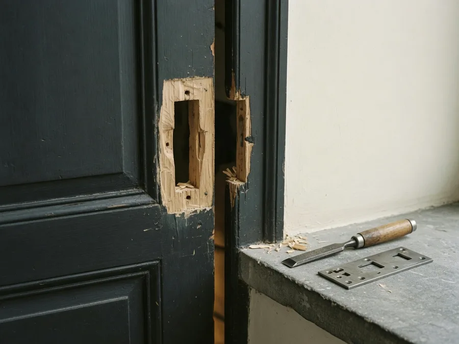 Serrurier Ganshoren 1083 · Mise en sécurité Bâti de porte abîmé autour de la gâche, ciseau à bois posé sur le seuil — serrurier à Ganshoren