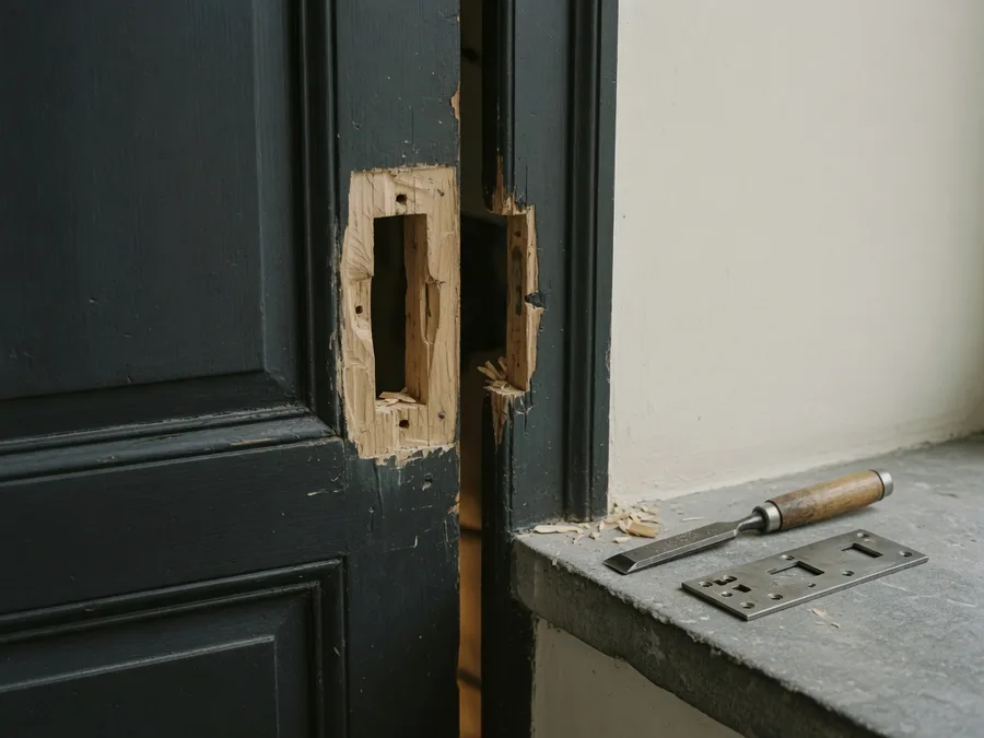 Bâti de porte abîmé autour de la gâche, ciseau à bois posé sur le seuil — serrurier à Ixelles