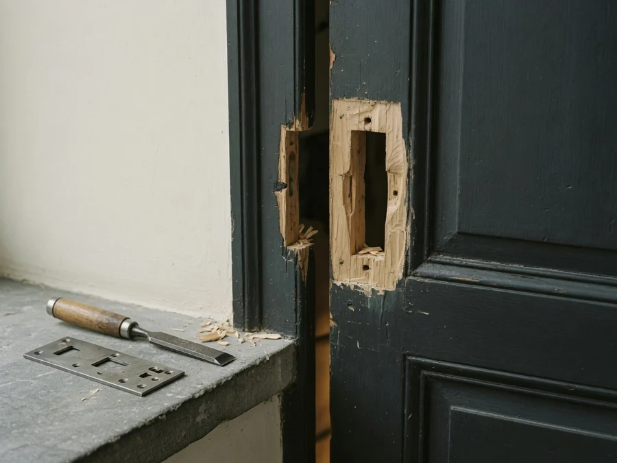 Serrurier Saint-Gilles 1060 · Mise en sécurité Bâti de porte abîmé autour de la gâche, ciseau à bois posé sur le seuil — serrurier à Saint-Gilles