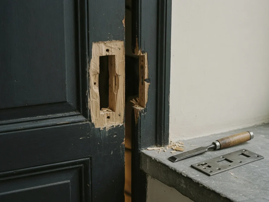 Serrurier Uccle 1180 · Mise en sécurité Bâti de porte abîmé autour de la gâche, ciseau à bois posé sur le seuil — serrurier à Uccle