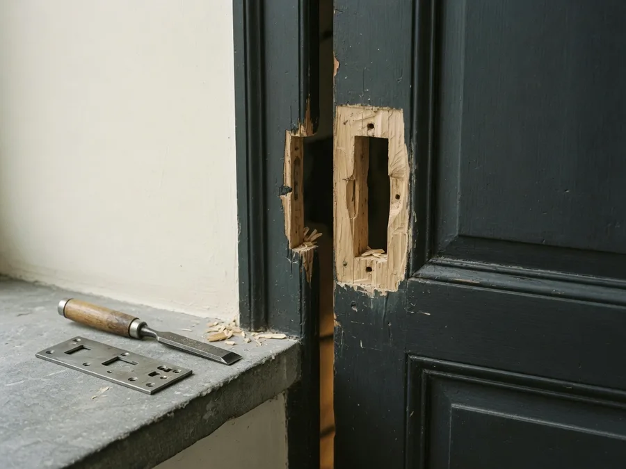 Bâti de porte abîmé autour de la gâche, ciseau à bois posé sur le seuil — serrurier à Woluwe-Saint-Pierre