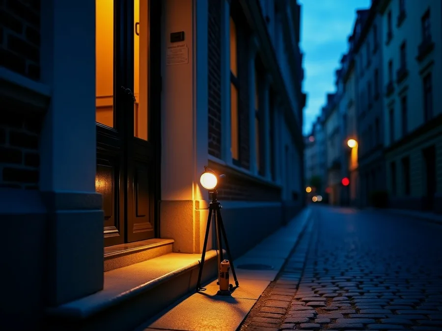Porte d'entrée extérieure éclairée de nuit, poignée et cylindre en gros plan — serrurier à Berchem-Sainte-Agathe