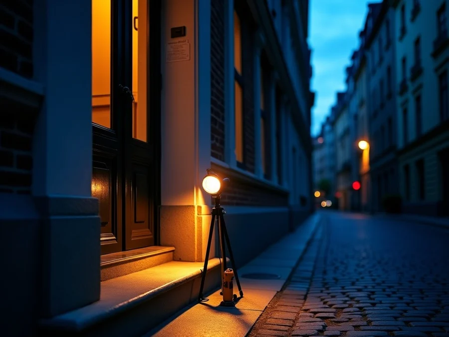 Serrurier Evere 1140 · Ouverture Porte d'entrée extérieure éclairée de nuit, poignée et cylindre en gros plan — serrurier à Evere