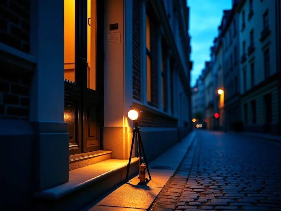 Porte d'entrée extérieure éclairée de nuit, poignée et cylindre en gros plan — serrurier à Ganshoren