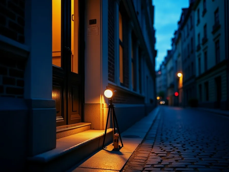 Serrurier Ixelles 1050 · Ouverture Porte d'entrée extérieure éclairée de nuit, poignée et cylindre en gros plan — serrurier à Ixelles