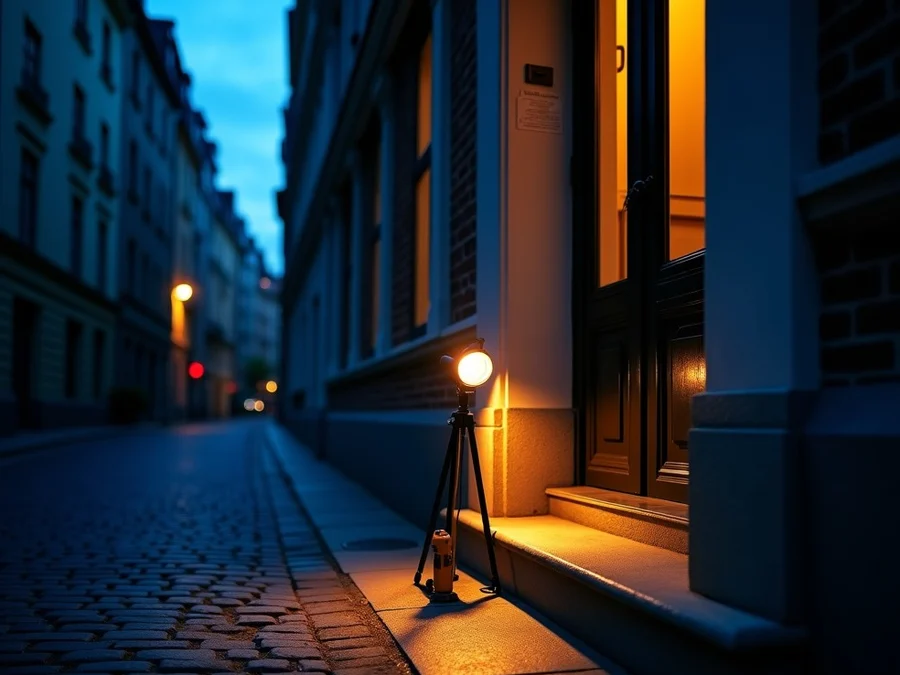 Porte d'entrée extérieure éclairée de nuit, poignée et cylindre en gros plan — serrurier à Saint-Gilles