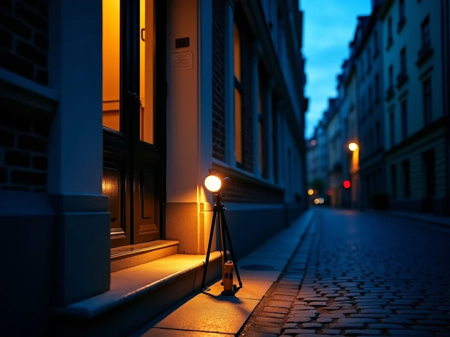 Porte d'entrée extérieure éclairée de nuit, poignée et cylindre en gros plan — serrurier à Saint-Josse-ten-Noode