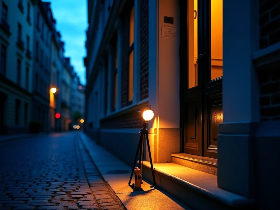 Porte d'entrée extérieure éclairée de nuit, poignée et cylindre en gros plan — serrurier à Schaerbeek